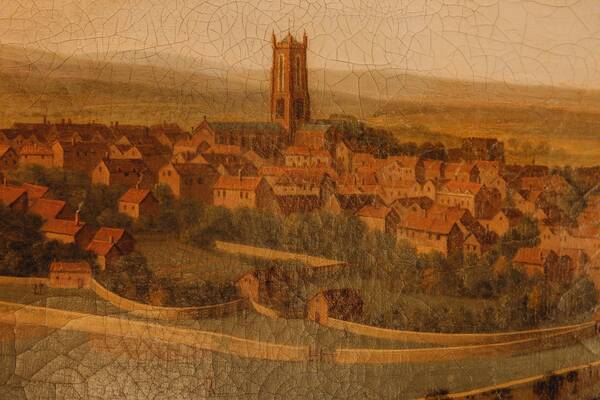 Historic painting of Ludlow and St Laurence's Church at The Salwey Lodge near Ludlow