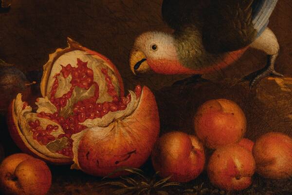 Still-life painting of a pomegranate and parrot in the dining room at The Salwey Lodge near Ludlow