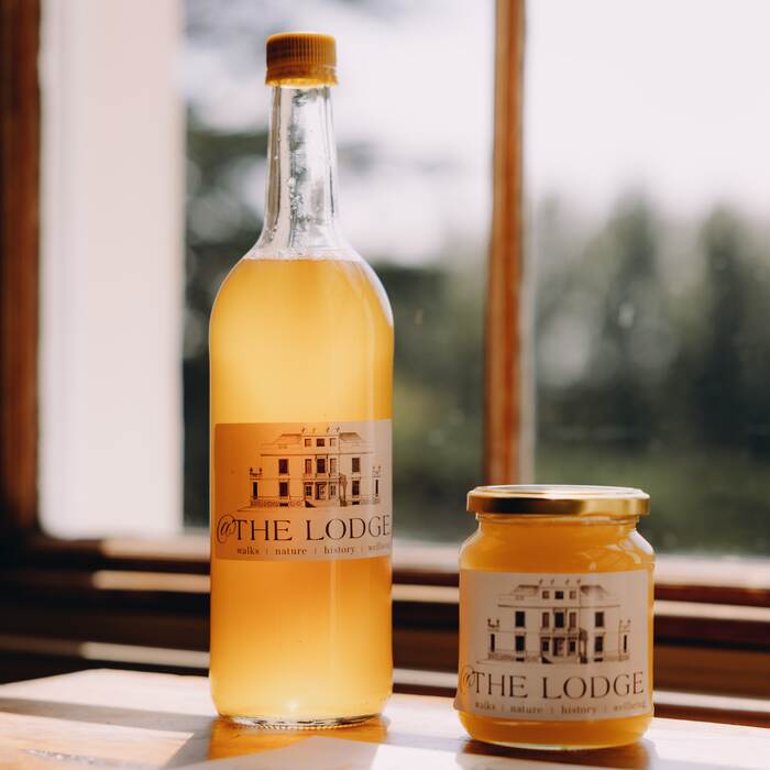 Home-produced apple juice and honey with @The Lodge labels at The Salwey Lodge