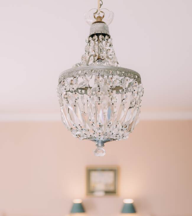 A crystal chandelier in the Chinese room at The Salwey Lodge